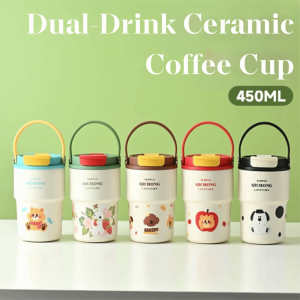 XU HOME ซับเซรามิก ถ้วยเก็บความร้อน หลอดดูดน้ำคู่ 450มล. แก้วสูญญากาศ ใหม่ จัดการ ถ้วยกาแฟ ของขวัญ