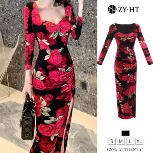 ZY·HT Fashion Vintage Dinner Dress Cotton Long Sleeve Pleated Slim Slit Midi Casual Dress 4413 eravogue