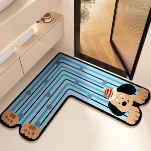 Keranixy Cartoon Dog L-Shaped Absorbent Mat Non-Slip Bathroom Door Floor Diatomite Mud Pad Foot Carpet Tikar Comel