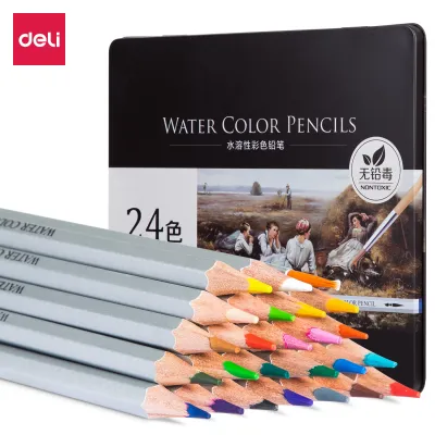 Bút chì màu nước cao cấp Deli - Tặng Kèm Cọ Tán Hộp bút chì màu gỗ tự nhiên vẽ chuyên nghiệp thiết kế phác họa - Bộ 24/36/48/72 màu - Hộp thiếc - 6521