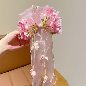 SIQIN Mesh-textiled Jumbo Organza Bowknot Oversized Beaded-streamer Tulle Ribbon Streamers Big Bow Barrette Snag-free Girls Floral Hairpins Birthdays