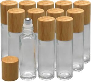 Glass Roll On Bottle with Bamboo Lid for Essential Oils 12Pcs Refillable 10ml Clear Perfume Sample Bottles with Stainless Steel Roller Ball - Portable & Practical