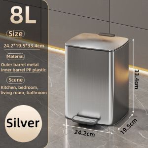 20L Stainless square trash Bin with cover for room garbage can with foot pedal office trash can
