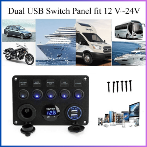 MEGA ACCESTING Saklar Panel Mobil RV Yacht 5 Way USB Voltmeter DC 12/24V - GT-17