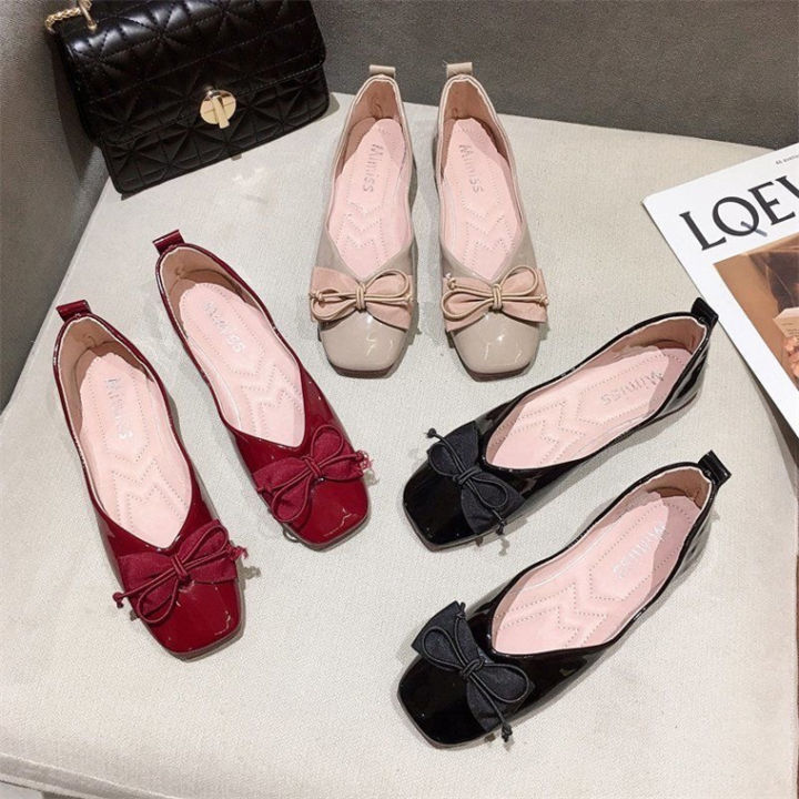 Beanie Shoes Women 2022 Summer New Bow Flat Single Shoe Women Soft Soled Casual Square Toe Shallow Mouth Granny Shoes