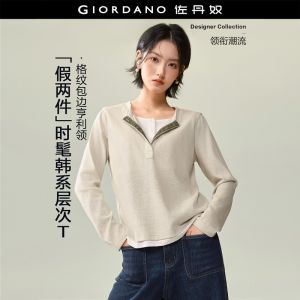 Giordano Women Fake two-piece henley neck long sleeve tee Free Shipping 18326525