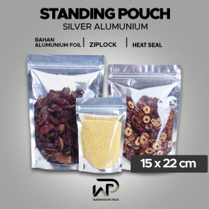 ( 50 Pcs ) Standing Pouch Silver Metalized Foil 15 x 22 cm | Metalized Foil Ziplock | Kemasan Aneka Snack | Plastik Klip Kemasan Metalized Foil | Standing Pouch MetalizedFoil