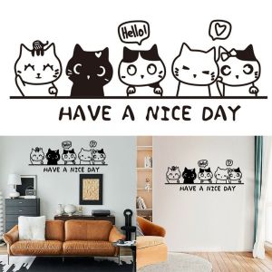 ZVUV80394 อะคริลิก สติ๊กเกอร์ติดผนังแมวการ์ตูน 3D ติดด้วยตัวเอง ดำ แผ่นสติ๊กเกอร์ตกแต่งผนัง สร้างสรรค์ ศิลปะติดผนัง ตกแต่งภายใน
