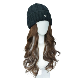 DEER Highlights Beanies Hat with Hair Wigs One-piece Hairpiece Ski Knitted Cap Wig Fashion Fluffy Long Water Wavy Hair Women