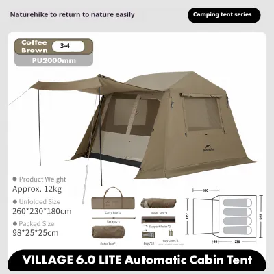 Naturehike VILLAGE 6.0 LITE Automatic Tent Portable Fast Cabin Style Tent 4 Person Ridge 2.0 9m² Total Use Space 360° Ventilation Waterproof Outdoor Camping VILLAGE 6