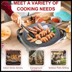 【Vktech】15 Inch Round Cast Iron Grill Pan Nonstick BBQ Griddle for Outdoor Grilling and Family Barbecue【1-3 days Delivery】