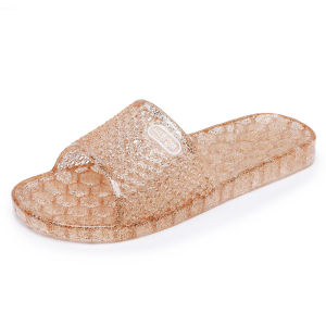 [Free Shipping] Womens Summer Indoor Home Flat-Heeled Soft-Soled Plastic Rubber Slippers Transparent Crystal Shoes Retro Vintage Flip-Flops
