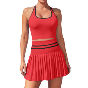 Charmo ชุดตีเทนนิส2ชิ้นสำหรับชุดกระโปรงมีจีบเอวสูงสำหรับผู้หญิงชุดกอล์ฟสีบล็อกไร้รอยต่อ