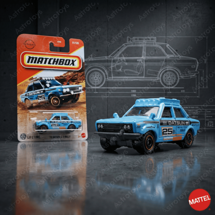 Matchbox 70 Datsun 510 Rally warna Biru 1:64 / Mainan Diecast