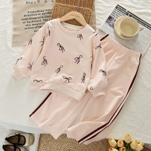 Bear Leader 2 Pcs Set Autumn Pink Girls Clothes Bow Print Long Sleeved Top and Pants Spring Casual Sports Childrens Clothing