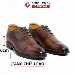 Giày Tây Nam Tăng Cao Tăng 6cm SIGOURNEY Dáng Oxfords Da Bò Màu Nâu Patina SIG-34 Bảo Hành 18 Tháng