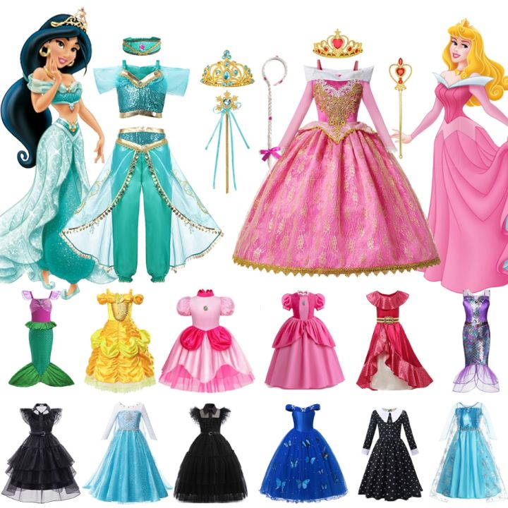 Disney Jasmine Aurora Wednesday Princess Dress Elsa Peach Mermaid Kids  Halloween Prom Vestidos Girls Cinderella Cosplay Costume