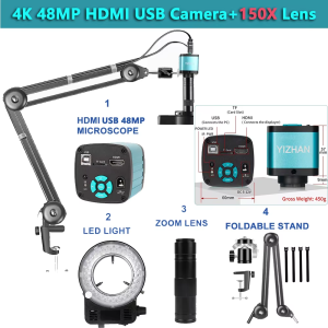 【Ready Stock】YIZHAN 4K 48MP Digital Electronic Microscope Camera HDMI USB Cantilever Stand C-Mount 1-150X Zoom Lens for Mobile Phone Repair