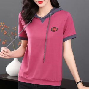 Summer Short Sleeve Women Hooded T Shirt Rose Red Cute Casual Loose Plus Size Tops 100KG Fat Female Tee