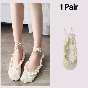2 Pairs Wave Edge Short Socks Lace Ballet Tie Socks Women Boat Sock Anti slip Bow Ankle Sock Girls Japanese Ballet Shoes Socks