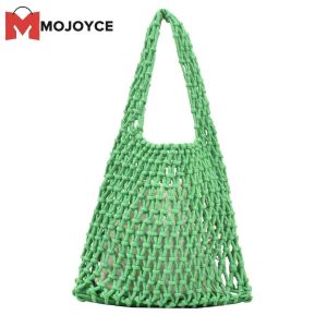 MOJOYCE Cotton Thread Handbags Straw Woven Hollow Net Shopping Beach Vacation Purse