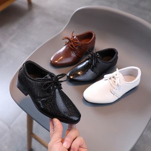 Childrens Black White Pointed Front Lace Up Leather Shoes Boys Low Heel Wedding Performance Stage Formal Shoes