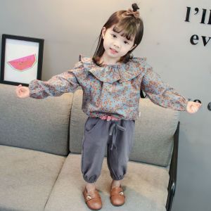 WANDER ชุดเช็ตเด็กผญ เสื้อแขนยาวเด็ก การออกแบบดอกไม้แฟชั่น ชุดกางเกงขายาวเด็กหญิงแขนยาว23720