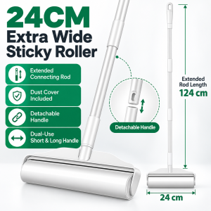 Keycool 24CM Extra Wide Sticky Lint Roller with Extendable Long Handle Detachable Design & Dust Cover for Sofa Bed Carpet Clothes and Pet Hair Cleaning