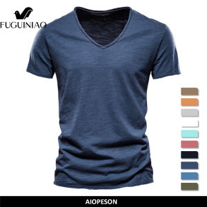 FUGUINIAO Brand Quality 100% Cotton Mens T Shirt V Neck Fashion Design Slim Fit Solid T Shirt Mens Top Casual Short Sleeve T Shirt