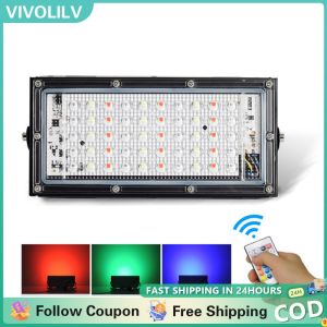 VIVOLILV LED Flood Light Outdoor IP65 Waterproof 50W RGB Flood Light with Plug 16 Colors Waterproof Remote Control Spotlight Street Lamp Garden Lighting 