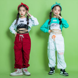 LOlanta Children Girl Costume Kids Hip-hop Jazz Dance Clothes Festival Performance Stage Clothing Red White Long Sleeve Top Vest Pants Set Casual Wear