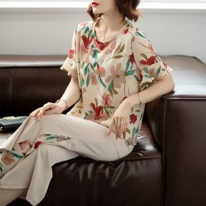 New Style Middle age mother Suit Western style Chiffon Fashion Retro Short Sleeve oversize Two Piece Set