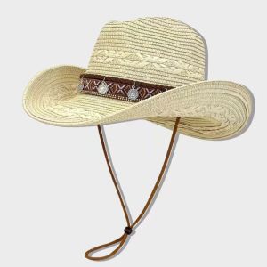 HULEQQI Vành rộng Mũ cao bồi miền Tây Dệt Phong cách dân tộc Mũ cói chống nắng Retro Thoáng khí Mũ Panama Phụ nữ