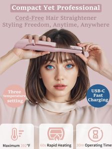 Cordless Hair Straightener and Curler 2 in 1Hair Straightener 3 Temperature 60s Heat UpTravel Flat Iron PortableAnion Ionic for Frizz-Free Smooth HairFlat IronPink