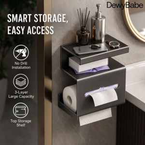 DewyBabe Wall Mounted Tissue Box Drill Free Toilet Paper Holder 3 Layer Dispenser Storage Shelf