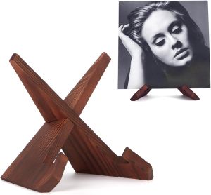 PUERSI Now Playing Vinyl Record Stand Wooden Display Vinyl Holder Stand Retro Now Spinning Record Accessories - Rustic Brown