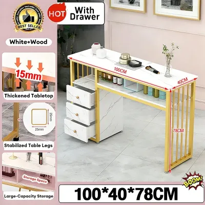 Manicure Table with 3 Drawers Folding Table for Nails Marble Top Gold Frame Nail Salon Station Work Desk for Home & Professional Use Dressing Table Nail Table