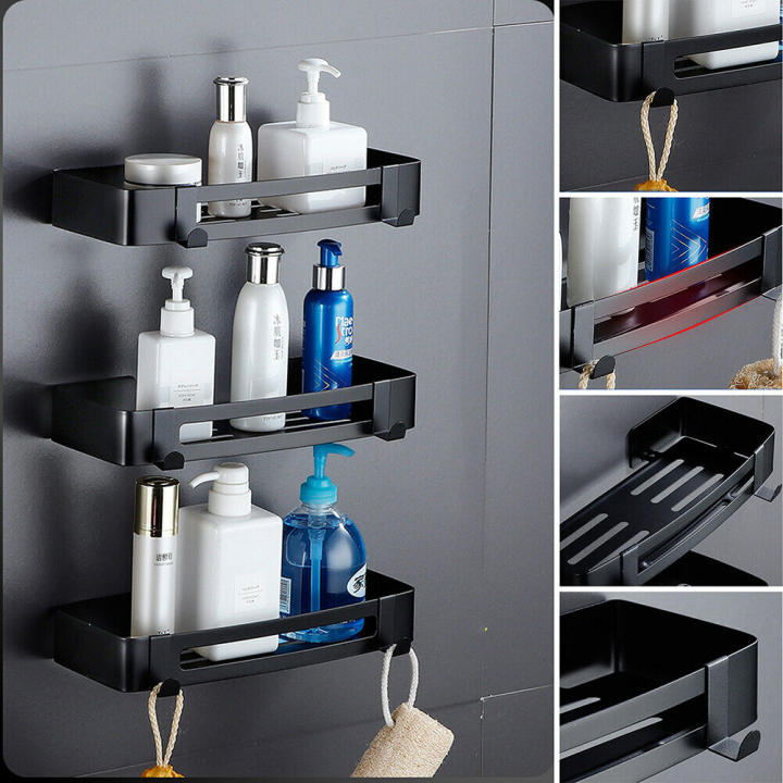 Bathroom Aluminum Black Storage Rack Wall Mounted Shelf with Hooks ...