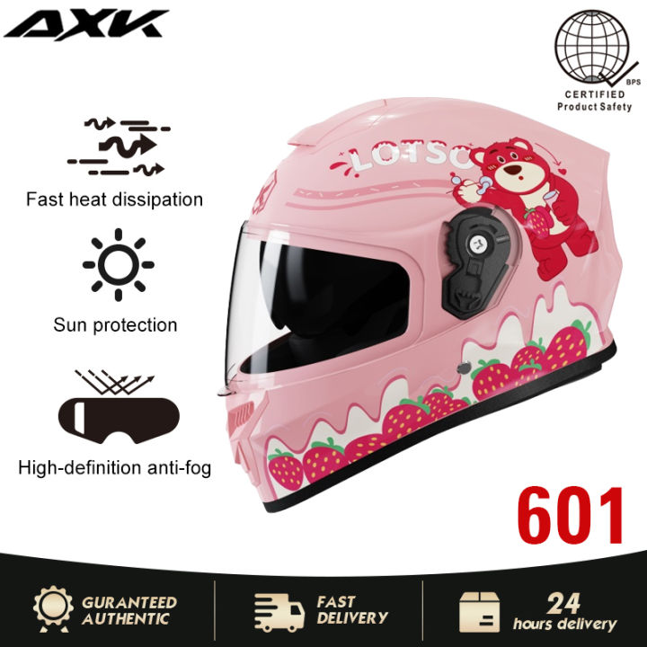 【Free shipping】AXK 601 Disney Strawberry Bear Motorcycle Helmet Motorcycle  Riding Full Helmet 3C Certified Electric Vehicle Provide after-sales