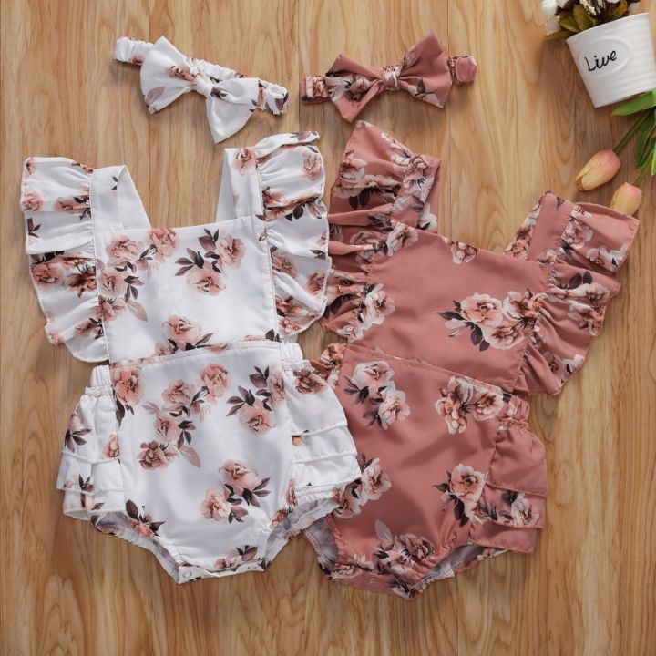 Baby Girls Two-piece Clothes Set, Floral Printed Pattern Square Collar  Sleeveless Romper Headdress, White/ Pink, 0-24 Months Infant Clothes  Lazada