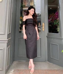 [Voucher 15% MOV 199K cap 100K  Đầm dạ hội HeraDG thiết kế dáng ôm ngực xếp đổ kèm tay nơ rời chất tafta WDHBC2018