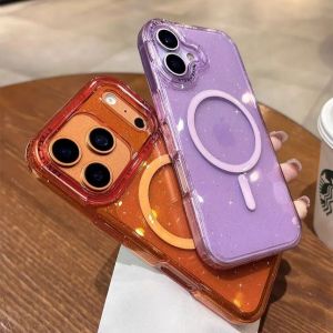 Glitter Transparent Wireless Charging Case For iPhone 17 16 15 14 13 Pro Max Bling For Magsafe Hard Back Bumper Cover