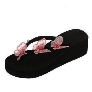 [Free Shipping] New WomenS Shoes: Butterfly-Style Flip-Flops Thick-Soled Wedge Heels Single-Strap Design Pearl Embellishments Available In Large Sizes Perfect For The Beach