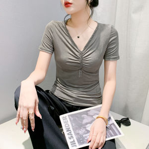 YIMEI Wrinkled V-neck womens T-shirt summer short sleeved 2024 new fashionable temperament lace small shirt slim fit high-end gray top