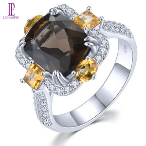 Lohaspie Jewelry Real 4.8 Carats 925 Sterling Silver Rings Natural Smoky Quart Citrine Ring 925 Silver Ring With Stone Citrine Stone Original Ring Citrine Ring For Women Jewelry