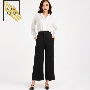 Quần ống rộng Blue Chic lưng cạp cao baggy vải nữ dài suông loe culottes xuông màu đen