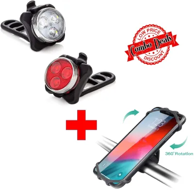 USB Rechargeable LED Bike Light Set Powerful Bicycle Front Headlight and Rear Back Taillight 4 Light Modes Easy to Install for Road Mountain MTB Cycling Waterproof