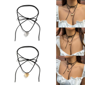 Adjustable Velvet Bowknot Choker Neck Tie Chain Fashion Heart Pendant Necklace Elegant Clavicle Chain Necklace