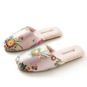 ZEEMIN 2024 New Womens Autumn Winter Embroidered Cotton Slippers Soft Sole Non Slip Plush Warm High Quality Home Silk Slippers