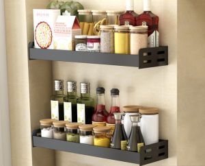 Non Drill Black Kitchen Multi-function Spice Rack Wall-mounted Punch-free Seasoning Rak Dapur Leven Concept